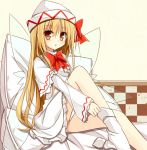  1girl blonde_hair bow brown_eyes capelet dress fairy_wings hat hat_bow lily_white long_hair long_sleeves looking_at_viewer open_mouth pillow sitting solo touhou very_long_hair white_dress wide_sleeves wings yuuhagi_(amaretto-no-natsu) 