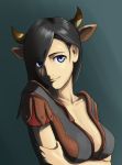  1girl animal_ears black_hair blue_eyes cow_ears cow_horns helmet_(touhu812) horns looking_at_viewer smile solo the_elder_scrolls_v:_skyrim 