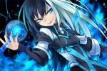  1girl aqua_eyes black_background black_hair blue_fire breasts crystal fire flask kaida_michi long_hair magic multicolored_hair norah_bright original parted_lips sleeves_past_wrists smile solo sparks tsurime two-tone_hair white_hair 