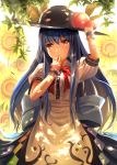  1girl backlighting blue_hair bow dappled_sunlight flower food fruit hand_to_own_mouth hat highres hinanawi_tenshi long_hair looking_at_viewer peach purple_hair rayxray red_eyes shirt short_sleeves skirt solo sunflower tears touhou very_long_hair wrist_cuffs 