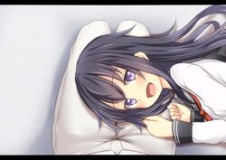  1girl akatsuki_(kantai_collection) black_hair blush kantai_collection long_hair long_sleeves looking_at_viewer lying_on_lap open_mouth personification school_uniform solo tori_(minamopa) very_long_hair violet_eyes 