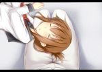  1girl blush brown_hair closed_eyes hair_ornament hairclip inazuma_(kantai_collection) kantai_collection long_sleeves lying_on_lap open_mouth personification school_uniform short_hair solo tori_(minamopa) 