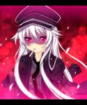  1girl hat highres kiyomin letterboxed long_hair looking_at_viewer mouth_hold necktie original red_eyes solo white_hair 
