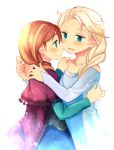  2girls anna_(frozen) blonde_hair blue_eyes blush braid capelet elsa_(frozen) eye_contact frozen_(disney) green_eyes hachiko_(hati12) hug long_hair looking_at_another multiple_girls open_mouth orange_hair simple_background smile 