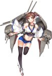  1girl absurdres black_legwear blush breasts brown_eyes brown_hair cannon cleavage collarbone detached_sleeves highres kaga_(kantai_collection) kantai_collection navel personification short_hair short_shorts shorts side_ponytail solo thighhighs turret weapon white_background wide_sleeves zi_se 
