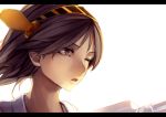  1girl brown_eyes brown_hair cannon face hairband hiei_(kantai_collection) kantai_collection kyouya_(mukuro238) open_mouth personification short_hair solo turret weapon wink 