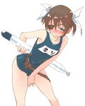  1girl between_legs blue_eyes blush brown_hair cosplay eyepatch hair_ribbon hand_between_legs i-19_(kantai_collection)_(cosplay) kantai_collection kurokuro ribbon school_swimsuit short_hair solo swimsuit torpedo 