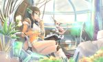  1girl android animal brown_hair cable chair chin_rest crossed_legs cup flower glasses green_eyes highres holographic_interface holographic_monitor kikivi original plant potted_plant robot robot_girl robot_joints science_fiction sitting tagme teacup 