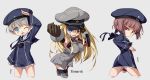  3girls aqua_eyes bismarck_(kantai_collection) blue_eyes brown_eyes brown_hair character_name chibi grey_background hat kantai_collection long_hair long_sleeves looking_back military military_hat military_uniform multiple_girls open_mouth personification sailor_dress sailor_hat sala_mander salute short_hair silver_hair uniform very_long_hair wink z1_leberecht_maass_(kantai_collection) z3_max_schultz_(kantai_collection) 