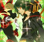  2boys blonde_hair bodysuit catgirl0926 coat gloves green_background green_eyes green_hair grin highres iori_shirou kill_la_kill male mask messy_hair multiple_boys order_regalia sanageyama_uzu shirt smile spoilers visor 