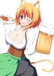  1girl alcohol animal_ears apron beer blue_eyes breasts cat_ears cat_tail cleavage dirndl hair_ornament hairclip highres large_breasts looking_at_viewer mizuki_(kogetsu-tei) mustard open_mouth orange_hair original sausage short_hair solo tail traditional_clothes wink 