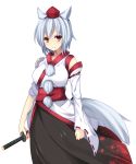 1girl animal_ears breasts clenched_hand detached_sleeves frown hat highres inubashiri_momiji kourindou_tengu_costume looking_at_viewer obi sash short_hair silver_hair simple_background solo sword tail tokin_hat touhou weapon white_background wolf_ears wolf_tail yabu_q yellow_eyes 
