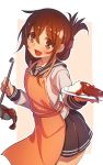 1girl apron brown_eyes brown_hair curry_rice half_updo highres inazuma_(kantai_collection) kantai_collection ladle looking_at_viewer namago open_mouth solo spilling 