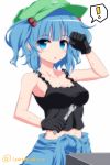  ! 1girl black_gloves blue_eyes blue_hair blush breasts cleavage gloves hair_bobbles hair_ornament hat highres isa kawashiro_nitori looking_at_viewer navel simple_background sweat tank_top touhou white_background wrench 