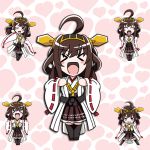  &gt;_&lt; 1girl ahoge black_legwear blush brown_hair chibi grey_eyes hair_ornament hairband heart heart_hands kantai_collection kongou_(kantai_collection) long_hair nontraditional_miko open_mouth personification skirt solo thigh-highs tk8d32 very_long_hair wide_sleeves wink 