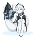  1girl backpack bag cannon grin highres hood kantai_collection long_sleeves pale_skin re-class_battleship scarf shinkaisei-kan short_hair silver_hair sitting smile solo tail teeth turret violet_eyes weapon white_background 