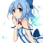  1girl blue_eyes blue_hair blush bow breasts cirno cleavage detached_collar earrings hair_bow highres ice ice_wings jewelry looking_at_viewer negiko simple_background solo strap_slip touhou white_background wings 