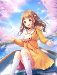  1girl :d boat brown_eyes brown_hair casual cherry_blossoms dress ilog jewelry long_hair looking_at_viewer occhan_(artist) official_art open_mouth pendant petals sitting smile solo sparkle tagme wind yellow_dress 