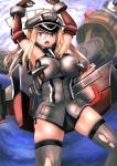  1girl bismarck_(kantai_collection) blonde_hair blue_eyes blush cannon grey_legwear hat highres kantai_collection long_hair military military_hat military_uniform open_mouth personification solo thigh-highs torn_clothes turret uniform weapon 