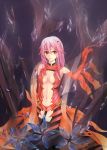  1girl bare_shoulders black_legwear breasts center_opening cleavage detached_sleeves fingerless_gloves gloves guilty_crown hair_ornament hairclip highres long_hair navel pink_hair red_eyes solo thigh-highs twintails yuzuriha_inori 