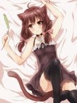  1girl ahoge animal_ears bell bell_collar black_legwear blush bow brown_eyes brown_hair camisole cat_ears cat_tail cattail collar hair_bow knee_up long_hair lying maruki_(punchiki) no_shoes on_back original plant solo tail thigh-highs 