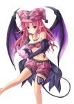  1girl breasts cleavage demon_tail duel_monster ghostrick_succubus hat heart highres long_hair midriff pointy_ears red_eyes redhead solo tail takayuuki tattoo wings yuu-gi-ou 