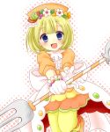  1girl :d blonde_hair blue_eyes bow food food_as_clothes food_themed_clothes fork frills fruit fruitina gloves halftone hat kiwifruit nabe0507 open_mouth outline pantyhose puyopuyo puyopuyo_quest short_hair skirt smile solo staff strawberry yellow_legwear 