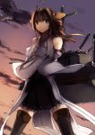  1girl ahoge bird brown_eyes brown_hair cannon clouds crossed_arms hair_ornament hairband highres japanese_clothes kantai_collection kongou_(kantai_collection) kyouya_(mukuro238) long_hair nontraditional_miko personification skirt sky solo standing turret weapon 
