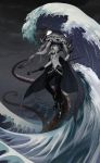  1girl absurdres aqua_eyes bodysuit cane cannon cape floating gloves glowing glowing_eyes hat highres kantai_collection shinkaisei-kan short_hair silver_hair solo teeth tentacles tidal_wave turret weapon wo-class_aircraft_carrier 