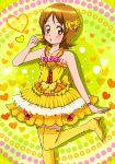  1girl blush boots bow bracelet brown_eyes brown_hair fashion fighiro frills hair_bow happinesscharge_precure! heart heart_background highres jewelry necklace oomori_yuuko polka_dot polka_dot_background precure short_hair skirt solo standing_on_one_leg thigh-highs thigh_boots yellow yellow_legwear yellow_skirt 