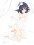  1girl barefoot black_hair blue_eyes blush breasts cleavage dress hair_ornament kill_la_kill kneeling matoi_ryuuko multicolored_hair riomario short_hair solo streaked_hair white_dress 