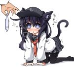  1girl admiral_(kantai_collection) akatsuki_(kantai_collection) all_fours animal_ears black_hair blue_eyes cat_ears cat_tail fish hat kantai_collection kemonomimi_mode long_hair open_mouth pantyhose sasamashin solo_focus sparkle star star-shaped_pupils symbol-shaped_pupils tail 