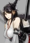  1girl bare_shoulders black_hair cannon detached_sleeves fusou_(kantai_collection) hair_ornament highres japanese_clothes kantai_collection kyouya_(mukuro238) long_hair orange_eyes pagoda personification solo turret weapon 