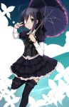  1girl ahoge chuunibyou_demo_koi_ga_shitai! eyepatch gothic_lolita kujou_ichiso lolita_fashion parasol solo takanashi_rikka thighhighs umbrella v zettai_ryouiki 