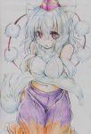  1girl animal_ears bare_shoulders blush breasts colored_pencil_(medium) detached_sleeves hat highres inubashiri_momiji kitazinger large_breasts midriff navel open_mouth red_eyes short_hair silver_hair skirt solo tail tokin_hat touhou traditional_media wolf_ears wolf_tail 