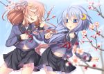  2girls blue_eyes blue_hair blush branch brown_hair closed_eyes crescent flower hair_ornament ina_(inadahime) kantai_collection long_hair long_sleeves multiple_girls navel personification school_uniform skirt uzuki_(kantai_collection) yayoi_(kantai_collection) 