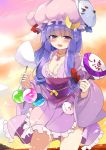  1girl alternate_costume blush bow breasts cleavage crescent hair_bow hat japanese_clothes kimono long_hair looking_at_viewer mask patchouli_knowledge purple_hair smile solo touhou violet_eyes yostxxx 
