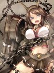  1girl bare_shoulders breasts brown_hair cannon chain fang green_eyes hairband headgear highres idayui kantai_collection midriff mutsu_(kantai_collection) navel personification short_hair skirt solo turret 