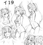  1girl blush breasts cleavage fang hair_ribbon i-19_(kantai_collection) kantai_collection long_hair looking_at_viewer monochrome one-piece_swimsuit open_mouth personification ribbon school_swimsuit sketch smile solo swimsuit twintails yanagida_fumita 