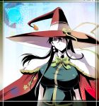  1girl black_hair breasts cape green_eyes hat_over_one_eye kagari_ayaka large_breasts long_hair looking_at_viewer solo witch_craft_works yunioshi 