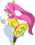  1girl aino_megumi alternate_form black_legwear cat cure_lovely earrings frills from_behind happinesscharge_precure! hoodie jewelry leaning_forward lollipop_hip_hop long_hair pink_hair precure shoes skirt smile solo standing thigh-highs twintails umanosuke white_background yellow_skirt 