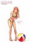  1girl anklet annie_mei ball barefoot beachball bikini breasts caleb_thomas character_name cleavage green_eyes highres jewelry leaning_forward long_hair original pigeon-toed pink_hair solo swimsuit watch watch wristband 