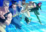  5boys black_hair dog grey_hair hat iggy_(jojo) jean_pierre_polnareff jojo_no_kimyou_na_bouken joseph_joestar kakyouin_noriaki kotatsu0803 kuujou_joutarou mohammed_avdol multiple_boys pink_hair 