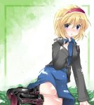  1girl adapted_costume alice_margatroid blonde_hair blue_dress blue_eyes blush boots commentary_request cross-laced_footwear dappled_sunlight dress frame hairband hammer_(sunset_beach) jacket long_sleeves looking_at_viewer open_mouth sitting solo touhou 