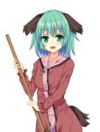  1girl animal_ears bamboo_broom broom dress fingernails green_eyes green_hair kasodani_kyouko long_sleeves looking_at_viewer open_mouth short_hair simple_background solo tail touhou white_background yabu_q 