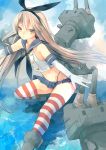  1girl anchor asuna_(i_luv) black_panties blonde_hair cannon elbow_gloves gloves hair_ornament hairband highleg highleg_panties highres kantai_collection long_hair navel open_mouth panties personification rensouhou-chan shimakaze_(kantai_collection) skirt sleeveless solo striped striped_legwear thigh-highs turret underwear weapon yellow_eyes 