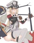  1girl anchor armband bare_shoulders bismarck_(kantai_collection) blonde_hair blue_eyes blush cannon grey_legwear highres kantai_collection long_hair military military_hat military_uniform personification solo thigh-highs torn_clothes turret uniform very_long_hair weapon 