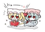  2girls :&lt; angeltype animal_ears blonde_hair blue_hair blush_stickers cat_ears chibi fang fish flandre_scarlet hat kemonomimi_mode multiple_girls open_mouth paw_print ponytail red_eyes remilia_scarlet siblings side_ponytail sisters touhou wings 
