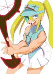  1girl blonde_hair blue_eyes hakodate_omiko kill_la_kill long_hair muscle oversized_object rabbit_inoue racket scope sharp_teeth solo tennis_racket tongue tongue_out twintails visor_cap 