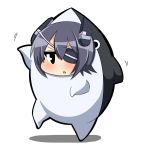  1girl animal_costume bangs blush chibi eyepatch fighting_stance headgear kantai_collection pose purple_hair shadow shark short_hair simple_background solo tenryuu_(kantai_collection) triangle_mouth twumi white_background 